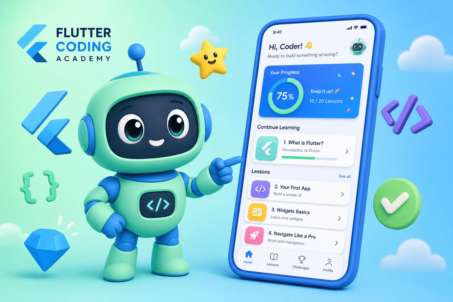 Friendly robot mascot showing a Flutter learning app on a phone
