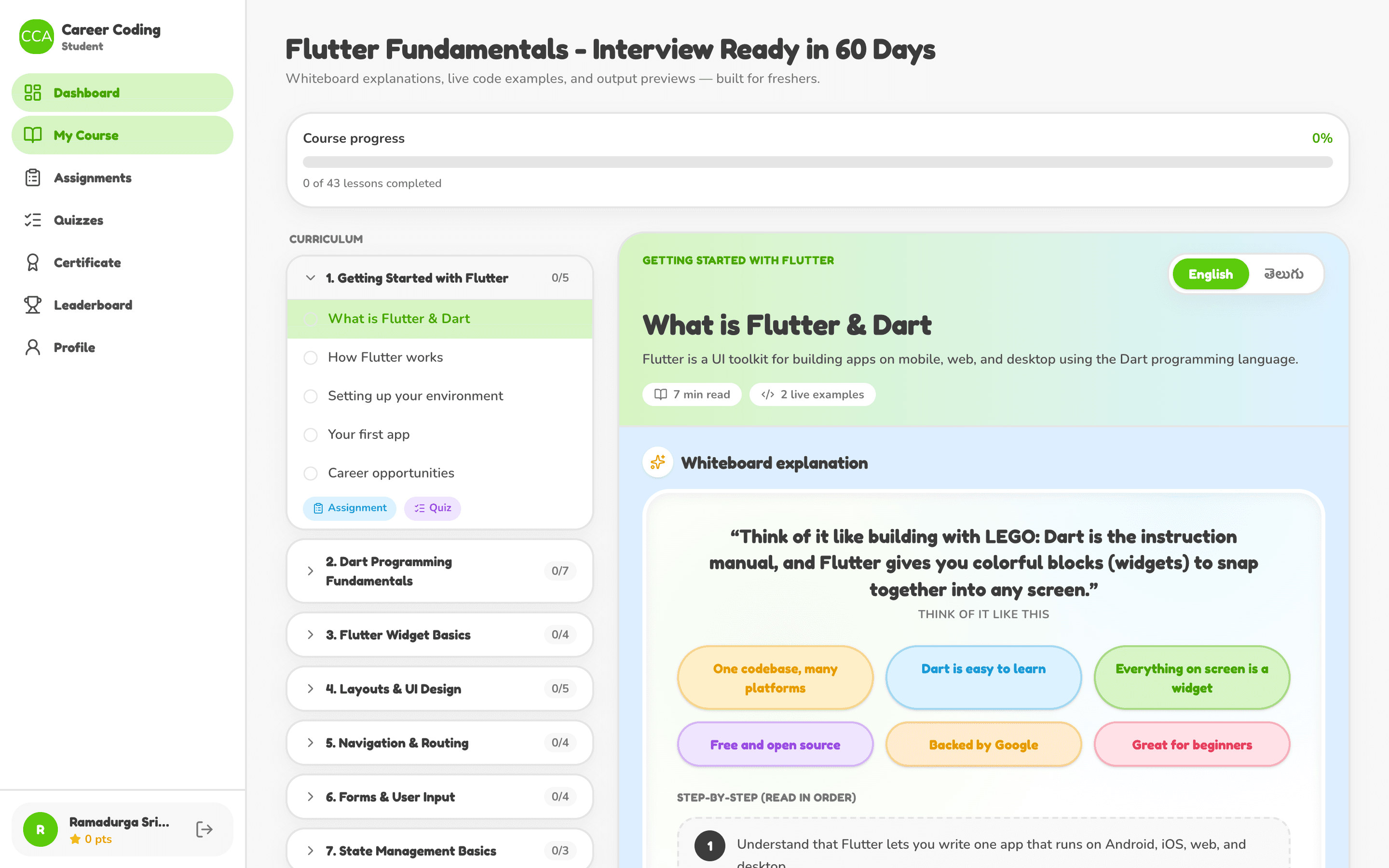 Career Coding Academy student course player screen
